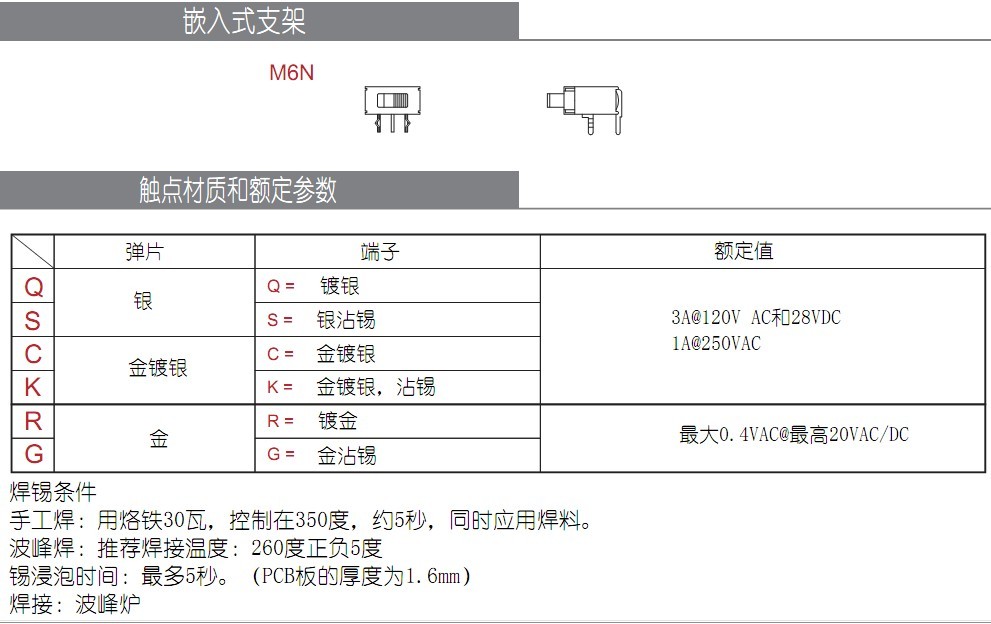 滑動開關支架與電流選項 滑動開關支架與電流選項